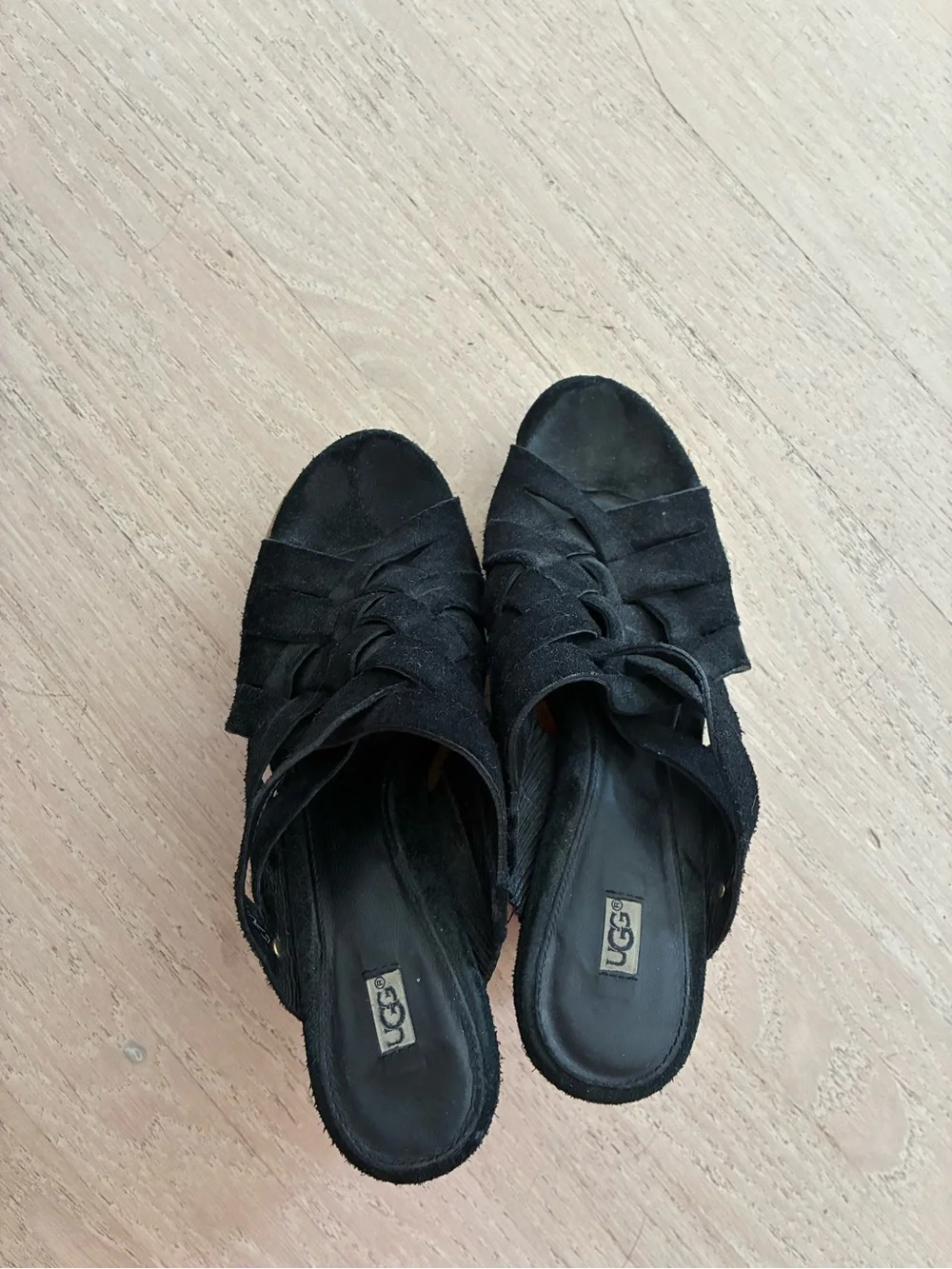 UGG Black Suede Cork Wedge Sandals